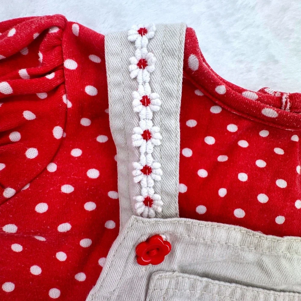 Vtg Cradle Togs Baby Girl Polka Dot Bodysuit & Tan Floral Overall Set Size 12M